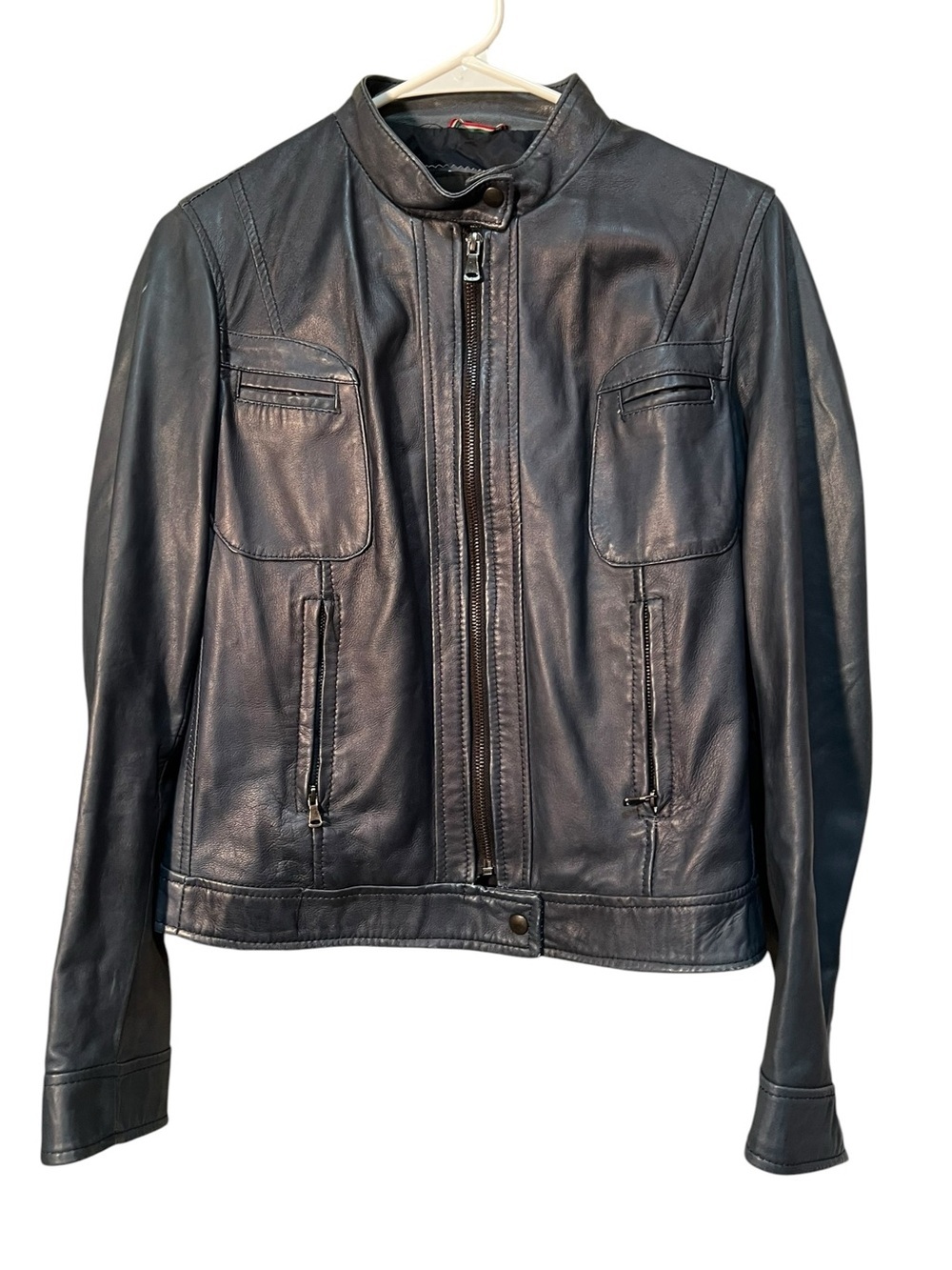 Vera Pelle Women's Size 46 Vegan Leather Jacket Dark Blue Gray Moto Full Zip